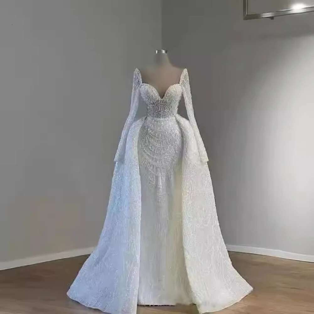 Beads Exquisite Pearls Wedding White Sweetheart Long Sleeves Mermaid Gowns With Detachable Train Fashion Bride Dresses