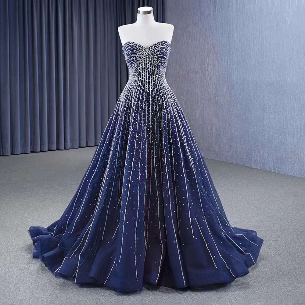 Hill Navy Serene bleu haut de goutse sans bretelles en cristal perles perles lacet up robes de mariée robe de mariée personnalisée HM