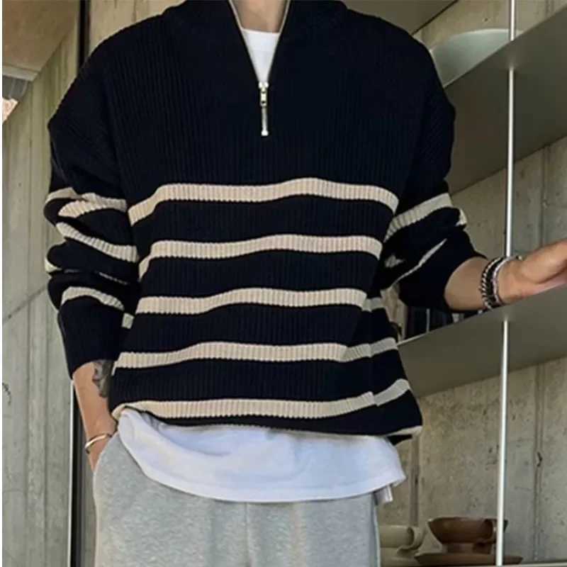 Mens Autumn Winter Knitted Top Long Sleeve Lapel Loose-fit Vintage Casual Half-zip Striped Shoulder Sweater LX241109