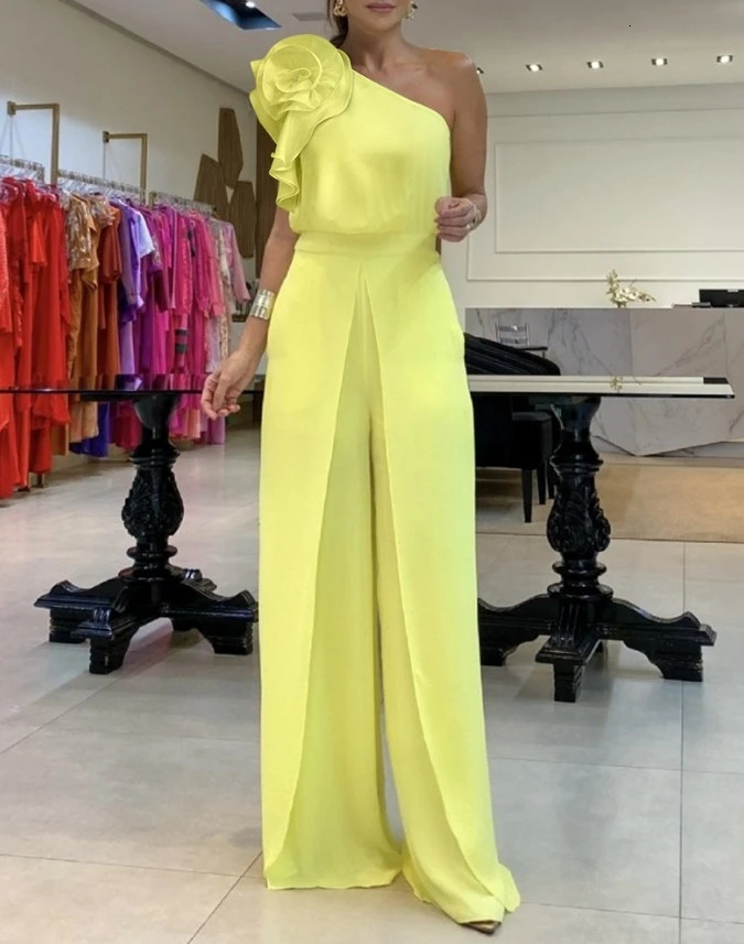 Women Jumpsuit Womens Summer Fashion Floral Pattern Single Shoulder one piece outfit Casual Plain Weave Sleeveless Ruffled High Waisted Long Romper
