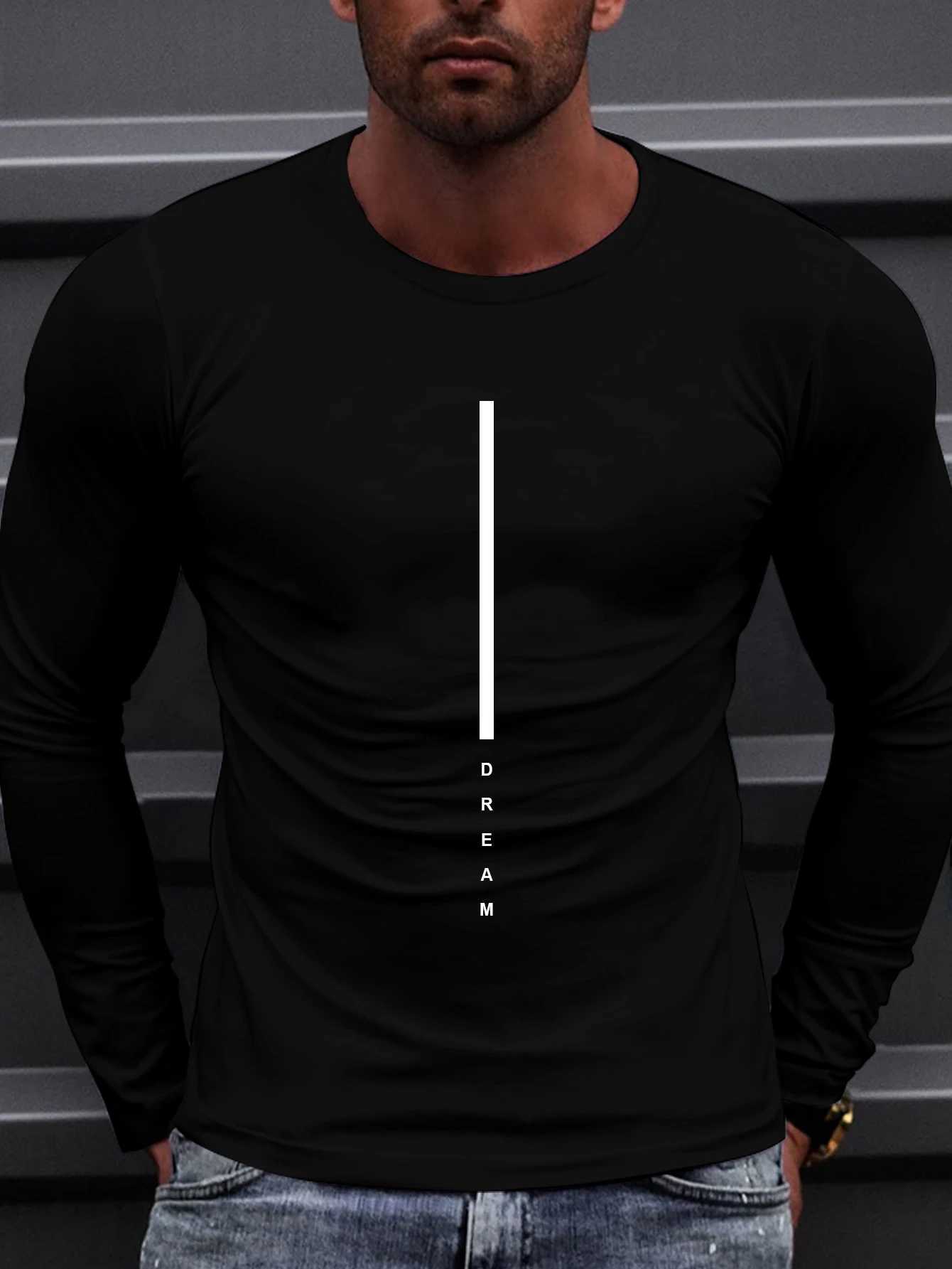 Trendy new long-sleeved t-shirt mens long-sleeved mens printed round neck T-shirt trend versatile casual tops mens T-shirt LX241109