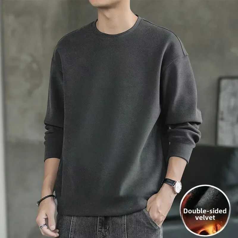 Double-sided Fleece Long Sleeve T-shirt For Men Autumn Winter New Style Round Neck Loose-fit Top Inner Warm Base Layer LX241109