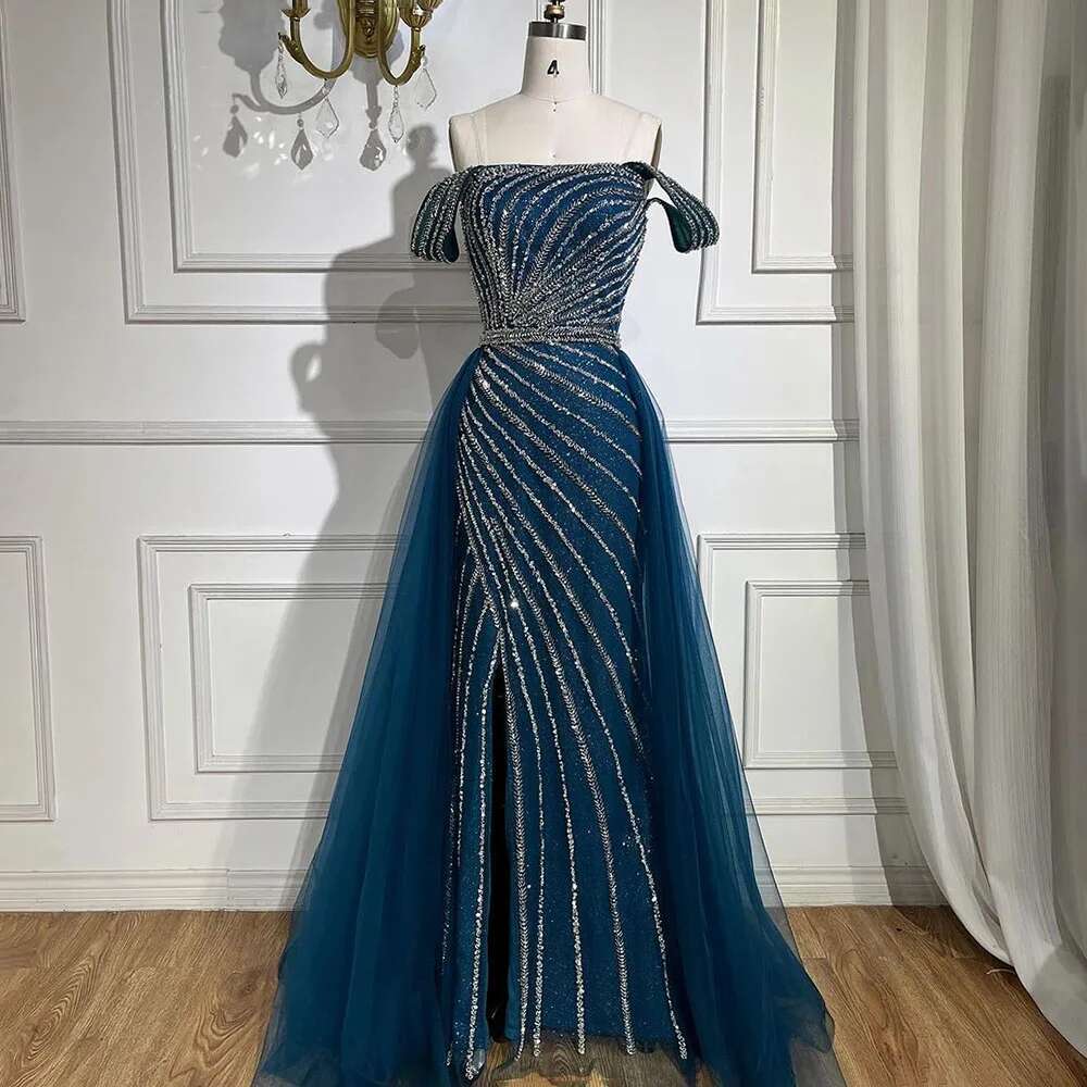 Serene Hill Blue Boat Neck Split Mermaid Elegant Beaded Arabic Evening Dresses Gowns For Party LA Customized
