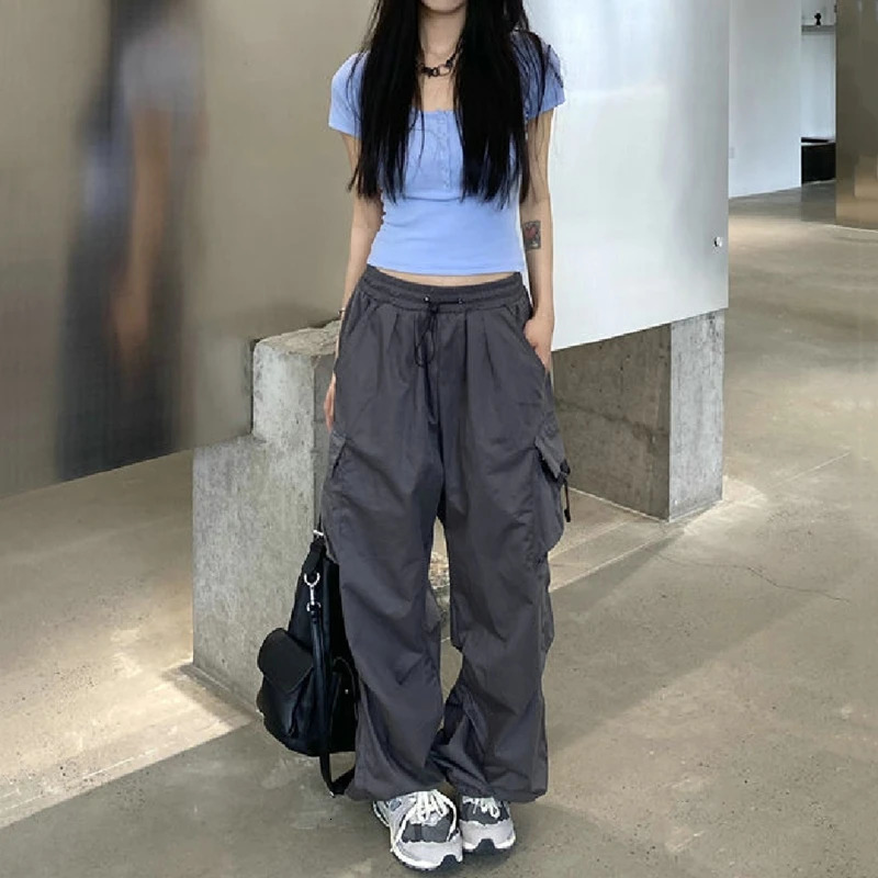 Femmes de cargaison décontractée pantalon à coups de taille solide à la taille basse grosse pochets larges de jambe large pantalon baggy femelle