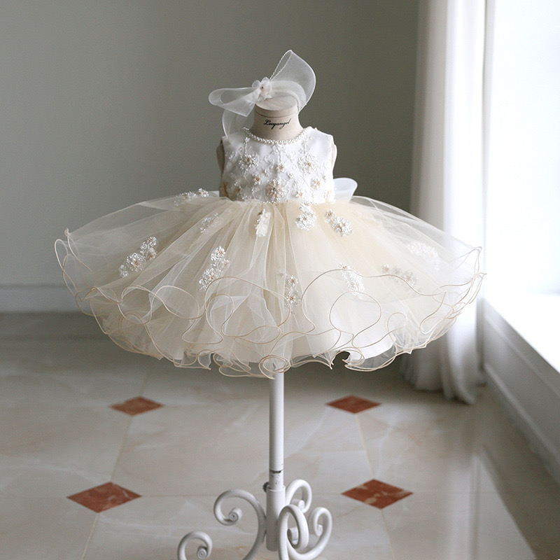 Lace Tulle Flower Girl Dresses big Bows Childrens First Communion Dress Princess Ball Gown Wedding Party Dress pearls beaded Lilttle Kids Birthda-image-962636625