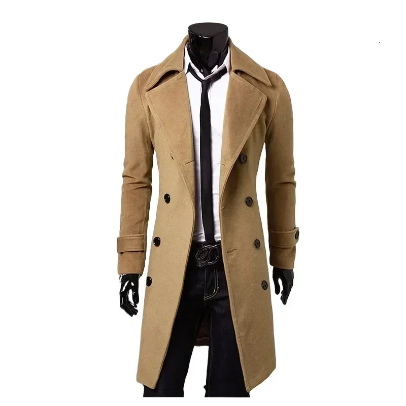 Mens Double Breasted Trench Coat Wool Blend 2024 Autumn Winter Solid Casual Slim Fit Long Jacket Fashion Clothing 241108
