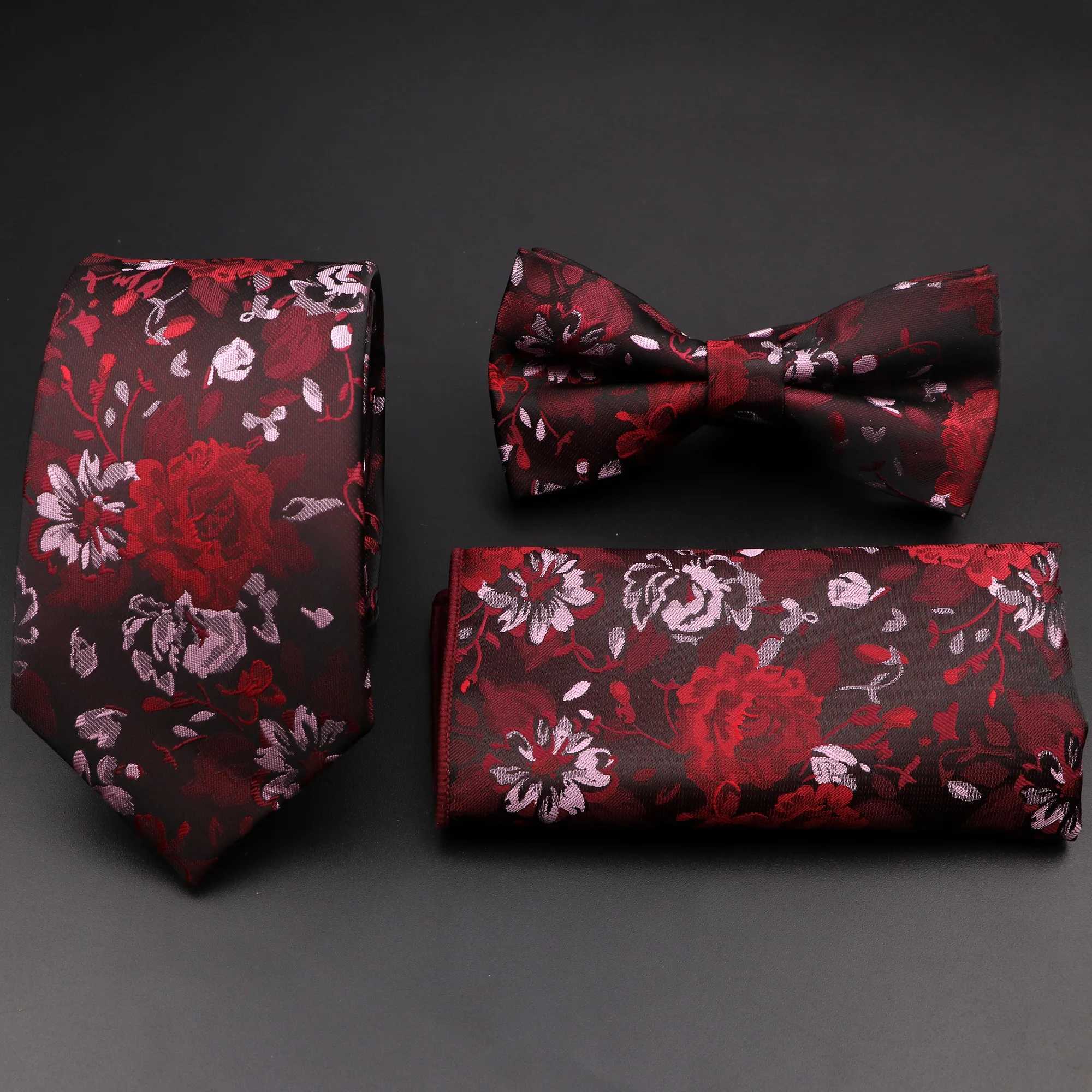 Hot Sale Red Rose Floral Tie Set Polyester Wave Meteor Fireworks Necktie Bowtie For Groom Suit Wedding Cravat Shirt AccoryX241109