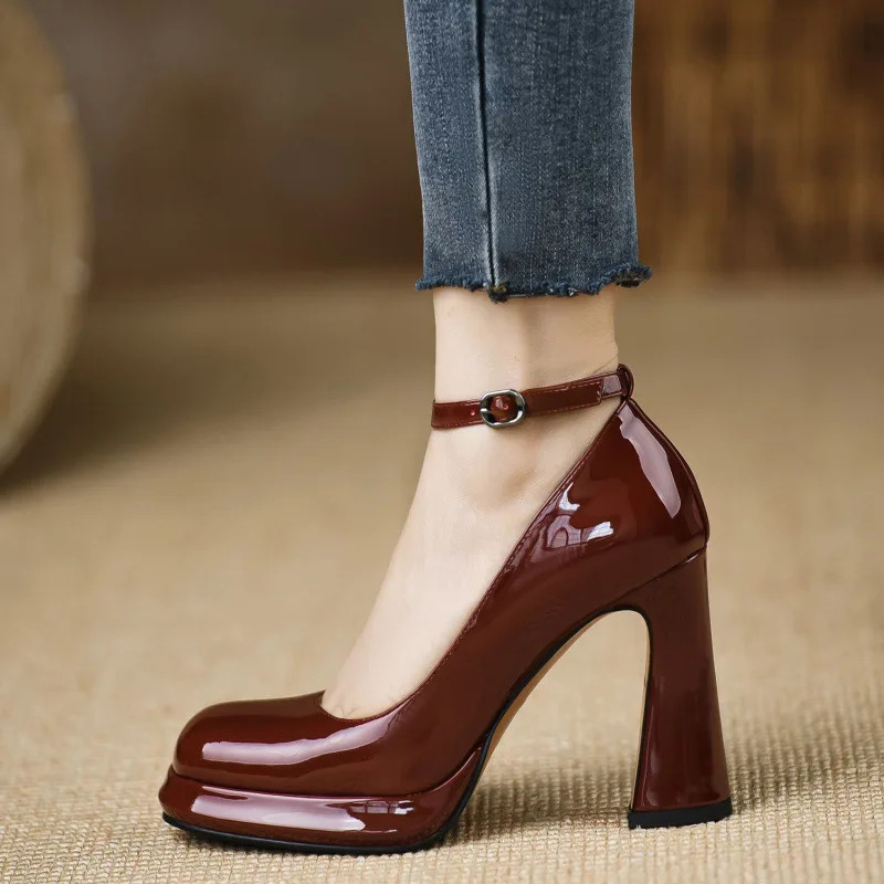 2024 Spring Autumn New Style French Red High Heels Women's Sandals Mary Janes Shoes Soft Comfortable Solid Rubber Outsole
