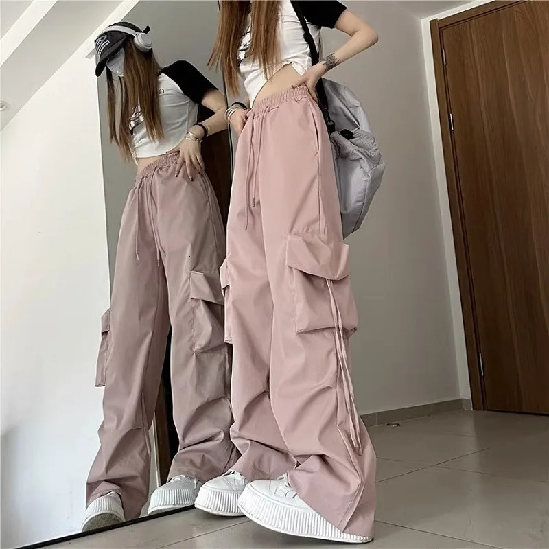 Spring Autumn Elastic Waist Fashion Solid Color Wide Leg Trouser High Street Casual Pockets Patchwork Drawstring Pant 241108