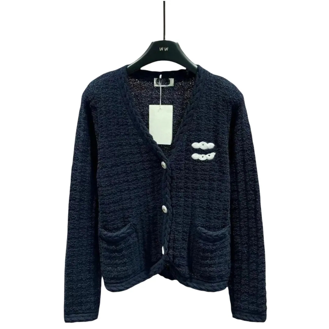 Women desinger long sleeve v-neck single breasted logo embroidery knitted sweater cardigan SML