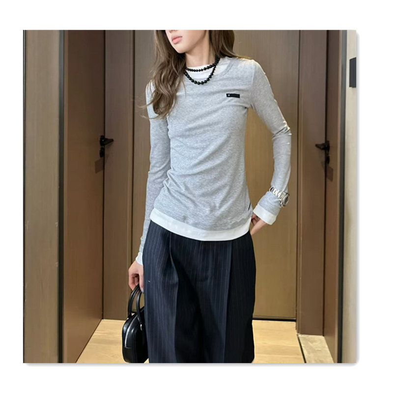 women designer Tshirt long sleeved tshirt trendy round neck fake two-piece black white spliced letter printed base shirt fashion sports women cas