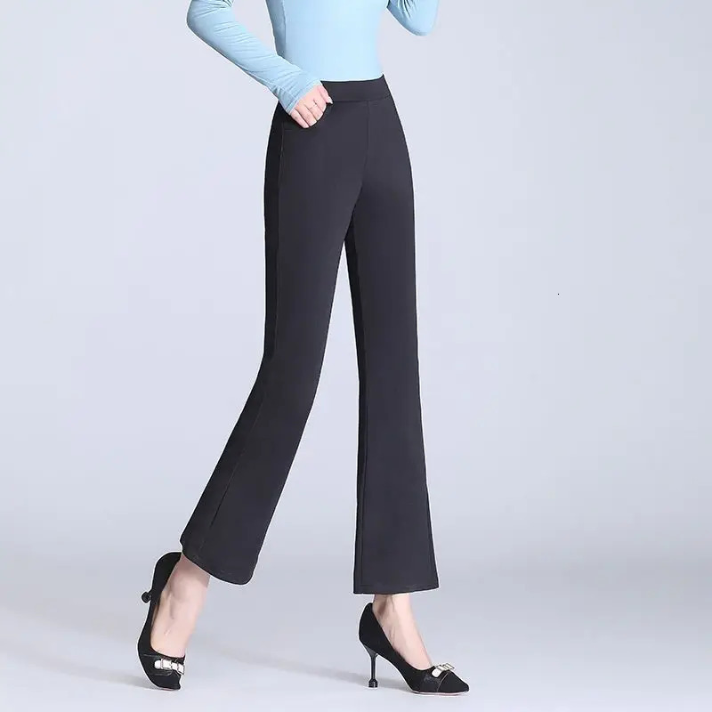 Spring Autumn Womens Clothing Solid Color Elastic High Waisted Lace Patchwork Pockets Casual Flare Trousers Cropped Pants 241108