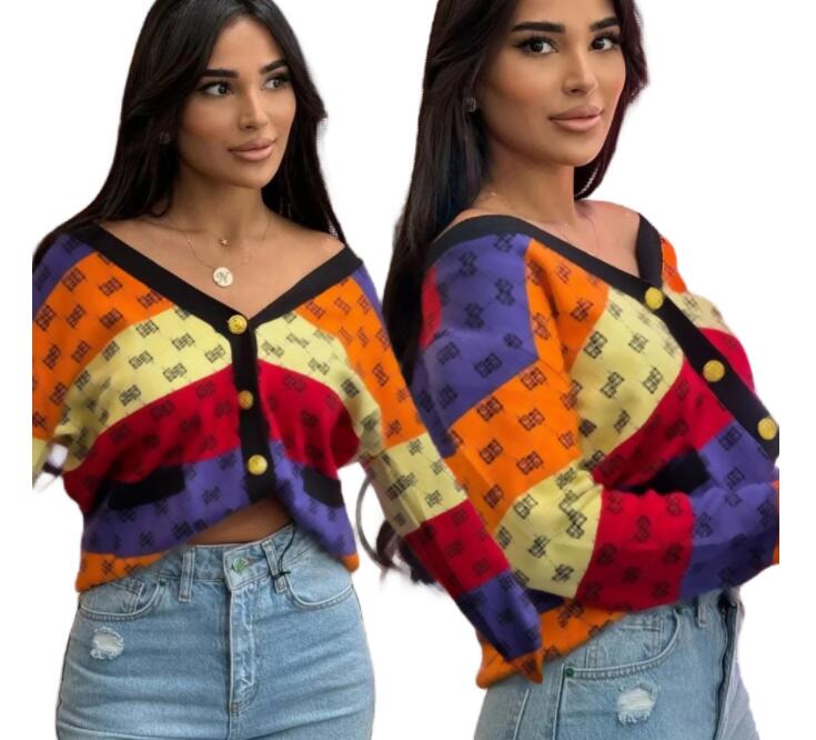 New women's contrasting color sweater winter loose V-neck knitted cardigan sweaters jacket coats jumpers