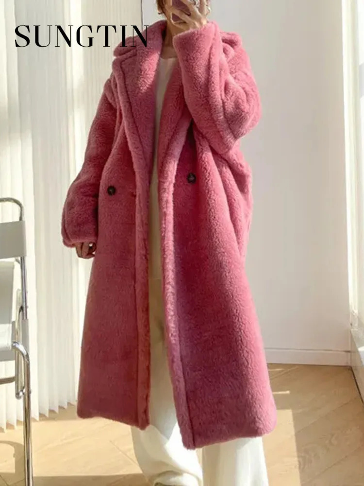 Sungtin Winter Long Artificial Lambswool Womens Fur Coat Thick Warm Teddy Bear Coat Casual Fury Solid Camel Coat Womens 241107