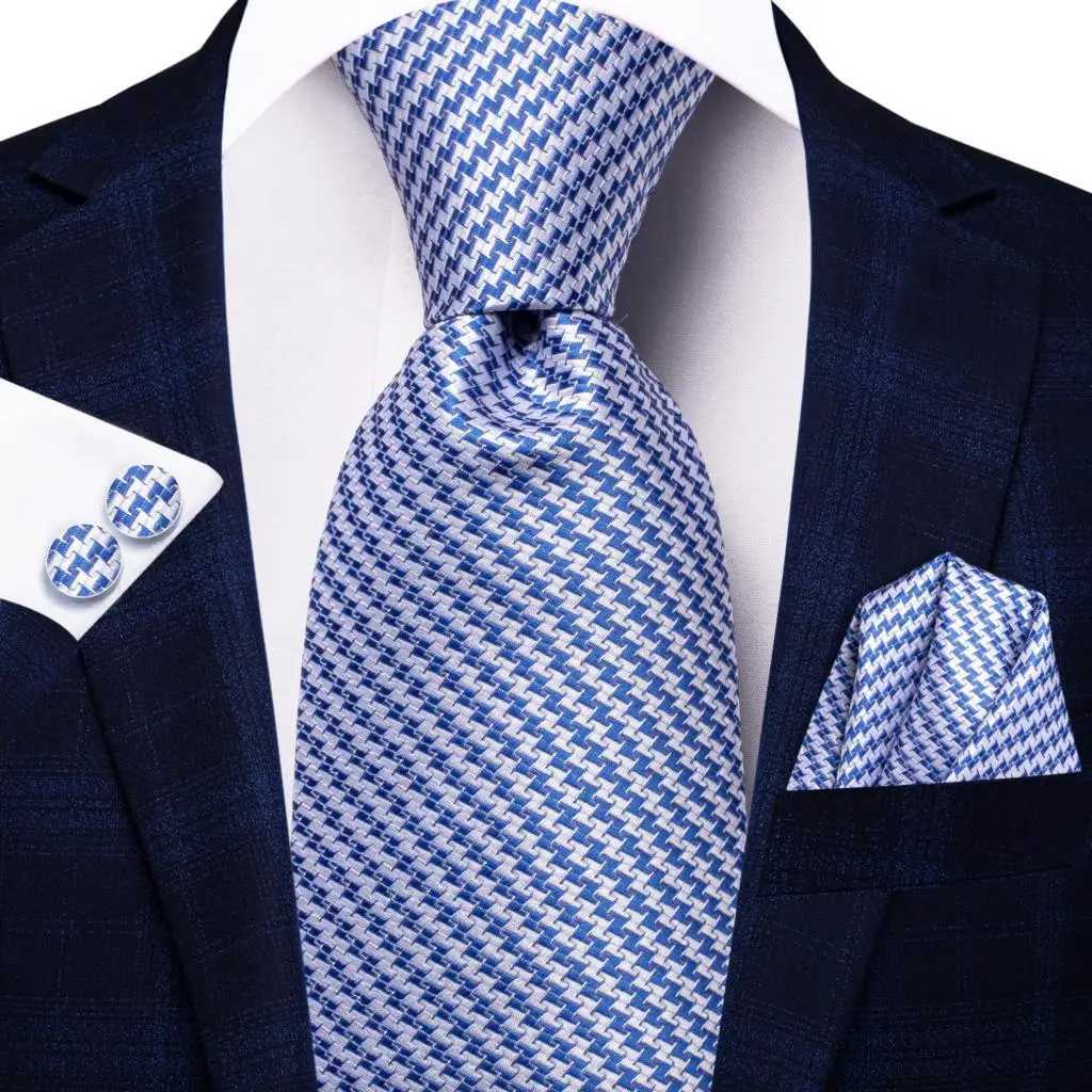 Blue White Striped Silk Tie For Men Handky Cufflink Gift Mens Necktie Fashion Busin Party Wedding Dropshiping Hi-Tie DesignerX241109