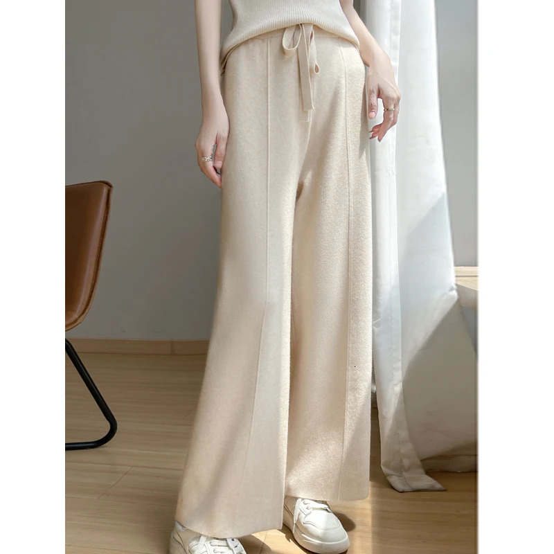 Pantalon de jambe large pour les femmes Loison lâche taille haute taille élastique Couleur de tricot de couleur Autumnwinter 2024 241108