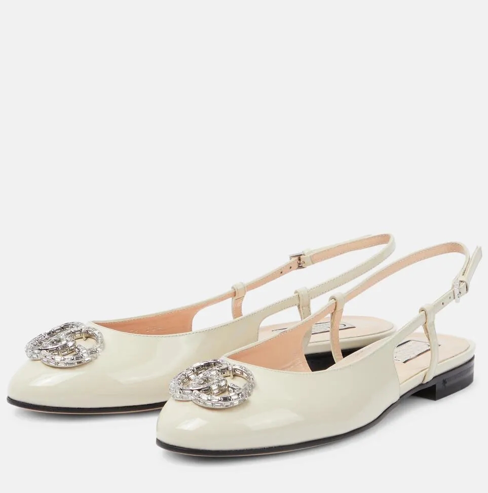 Spring 2024 Luxury Women Crystal-set Double-G Sandals Shoes Patent Leather Ballerina Flats Nude Black Gold Slingback Lady Party Dress Ballet EU35-42