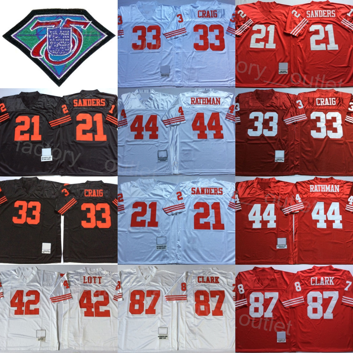 Throwback 75th Anniversary Football 33 Roger Craig Jersey Vintage 21 Deion Sanders 44 Tom Rathman 87 Dwight Clark Retro All Stitched Color Retro-image-766628855