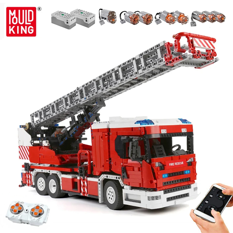 The Motorized Fire Ladder Truck Building Blocks MOULD KING 17022 Technical APP RC Fire Truck Model Educational Toys For Boys Kits Bricks Kids Toy-image-962748439
