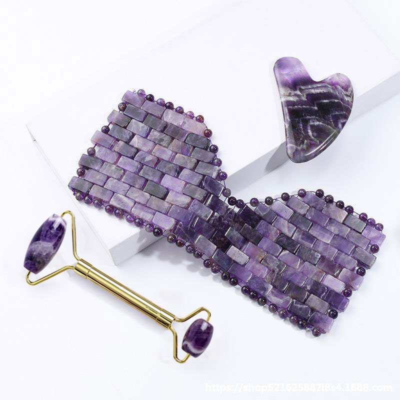 Natural Amethyst Jade Eye Mask Jade Roller Massager Gouache Scraper Set Cold Therapy Eye Mask Face Skin Care Massage Tools