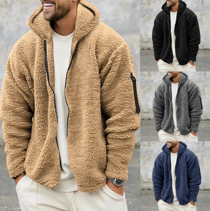Autumn Winter Mens Jacket Doublesided Fleece Warm Loose Hooded Windbreaker Casual Coat Zipper Chaquetas Hombre 241108