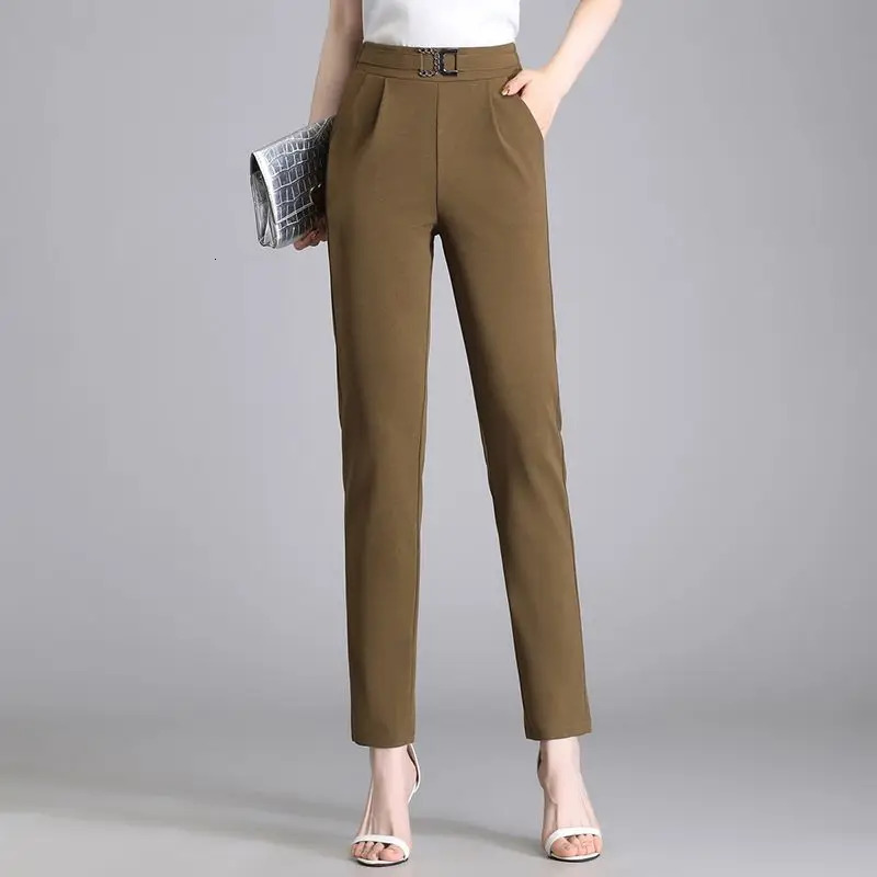 Womens Clothing Spring Autumn Solid Color Elastic High Waisted Pockets Elegant Fashionable Straight Trousers Cropped Pants 241108