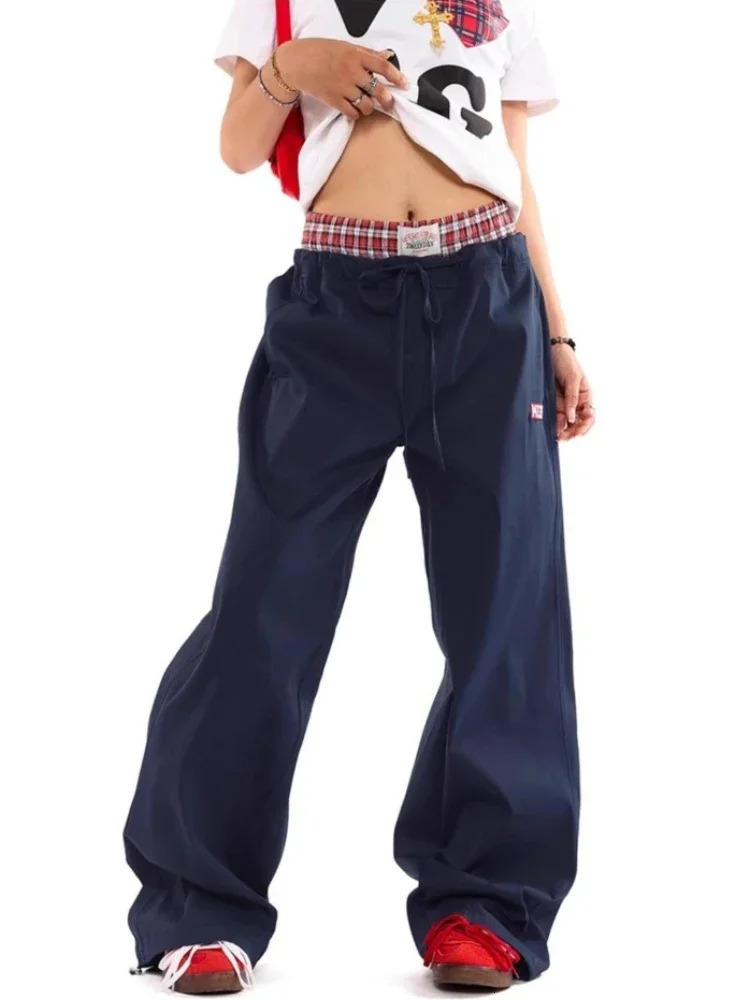 HOUZHOU Y2k Women Cargo Pants Vintage Harajuku Baggy Streetwear Wide Leg Patchwork Aesthetic Trousers Joggers American Retro 241108