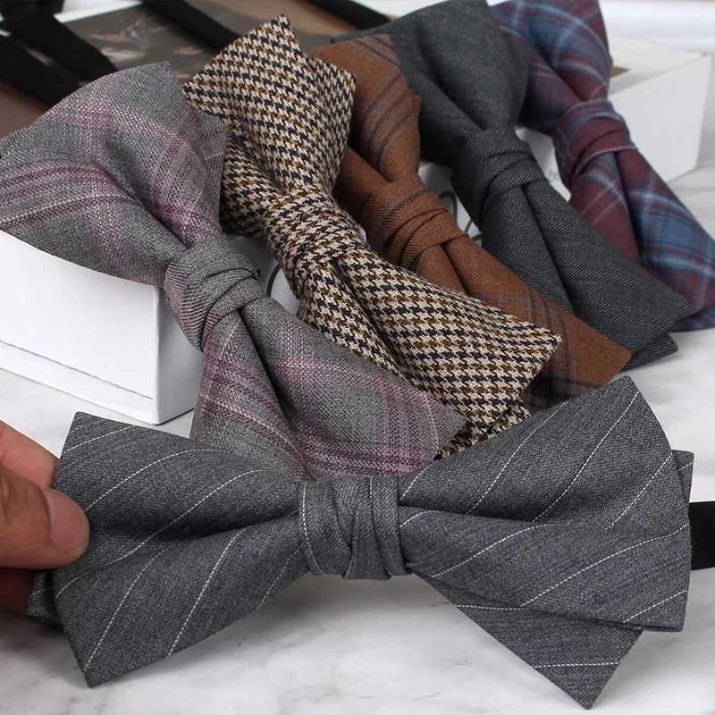 2024 New Mens Fashion Busin Formal Wool Bowties Double-layer Brown Plaid Gray Bow Ties Groom Wedding Banquet Butterfly CravatX241109