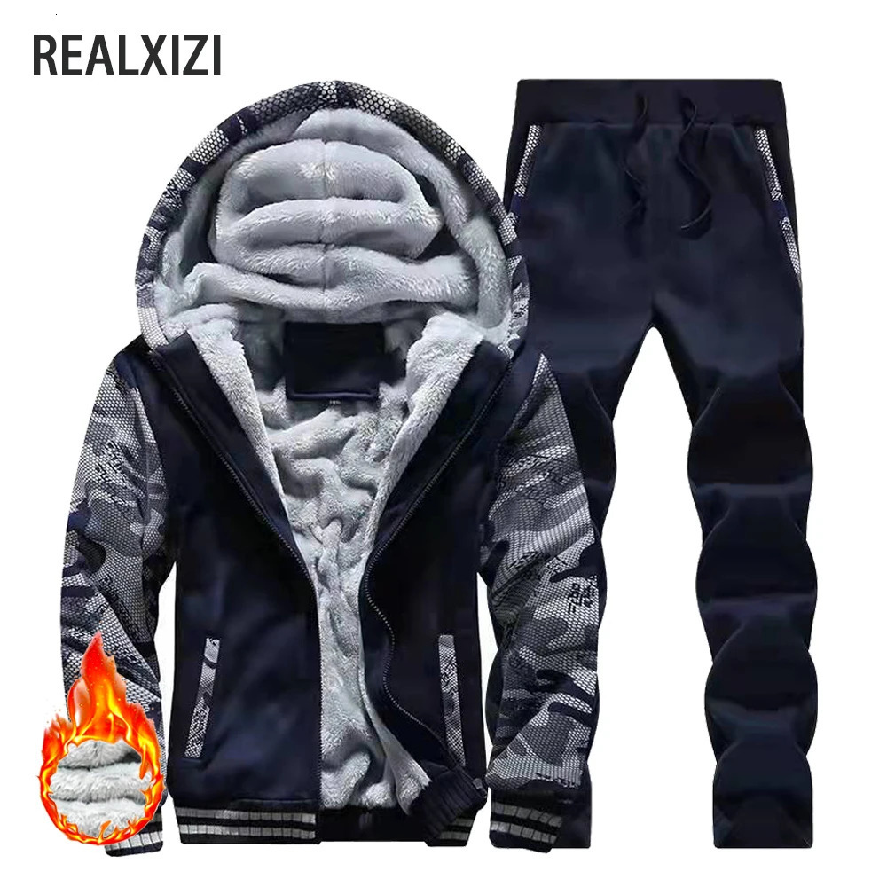 Mens Winter Jackets Thick Warm Jacket Sportswear Coat Pants Solid Color Fleece Zipper Hooded Long Sleeved Male Outerwear 241108