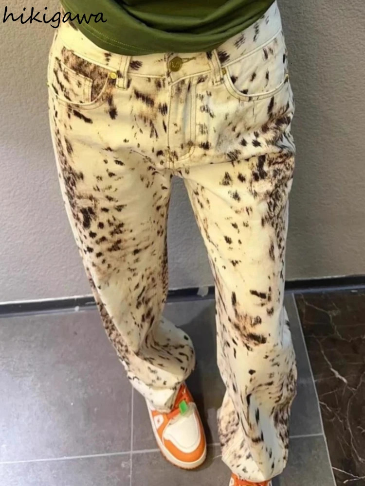 2024 Bottoms Summer Femme Jeans Vintage Streetwear Y2K Pantalon de jambe large taille Casual Leopard Straight Denim Tablers 241108
