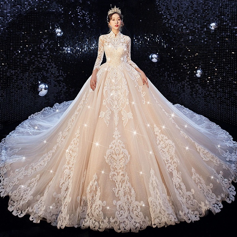 arabic Long Sleeves Pearls Tulle Princess Bridal Ball Gowns Plus Size Country Vintage Lace dubai Wedding Dresses garden Bridal Gowns Robe De Mari-image-962387694