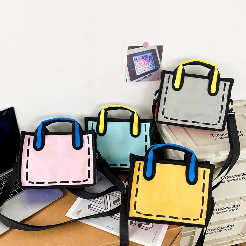 Sac de créateur Élément quadratique Sac en toile Sac fourre-tout de dessin animé Sac à bandoulière 2D 3D Sac tendance amusant Sac à main d'animat