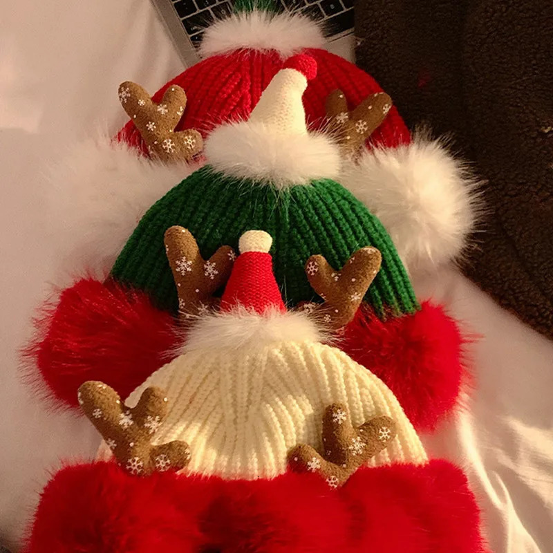 Womens Christmas Knitted Hat 3D Antler Beanie Hat Cute Fuzzy Decoration Winter Warm Hat 241108
