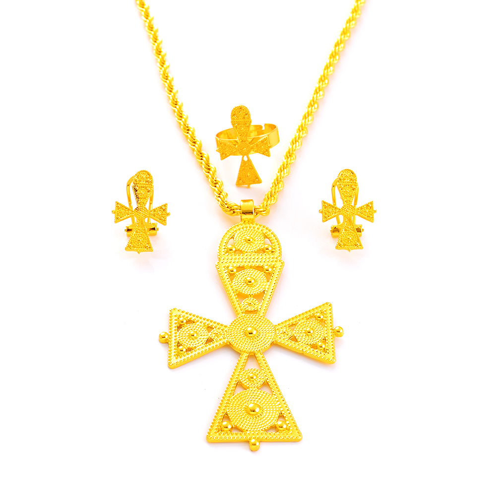 Ethiopian Big Cross Bijoux Ensemble de boucles d'oreilles de chaîne de pensionn