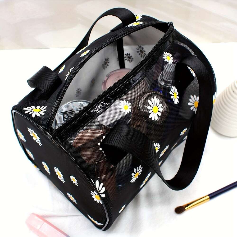 Large Capacity Daisy Mesh Tote Bag - Portable Makeup Organizer with Sturdy Handles, Spacious Interior, Easy-Carry Design for Home and Travel Use