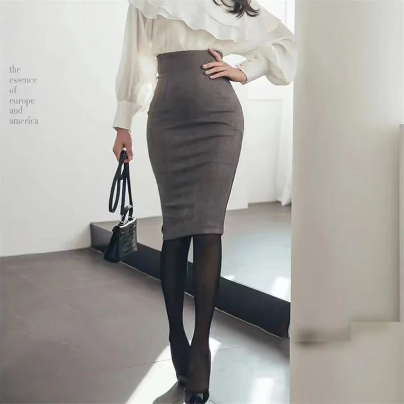 SUO CHAO S5XLPlus size Sexy Multi Pencil Skirt Womens Solid Color High Waist Suede Sheath Back Split Midi Bodycon Skirts 240403