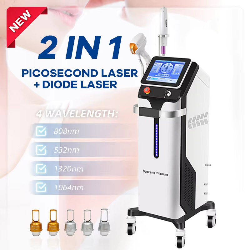 Fabulous Powerful 2 Handles 808 Diode Laser + Picosecond Laser Skin Smooth Rejuvenation Ice Point Hair Removal 5 Probes Picolaser Tattoo Removal