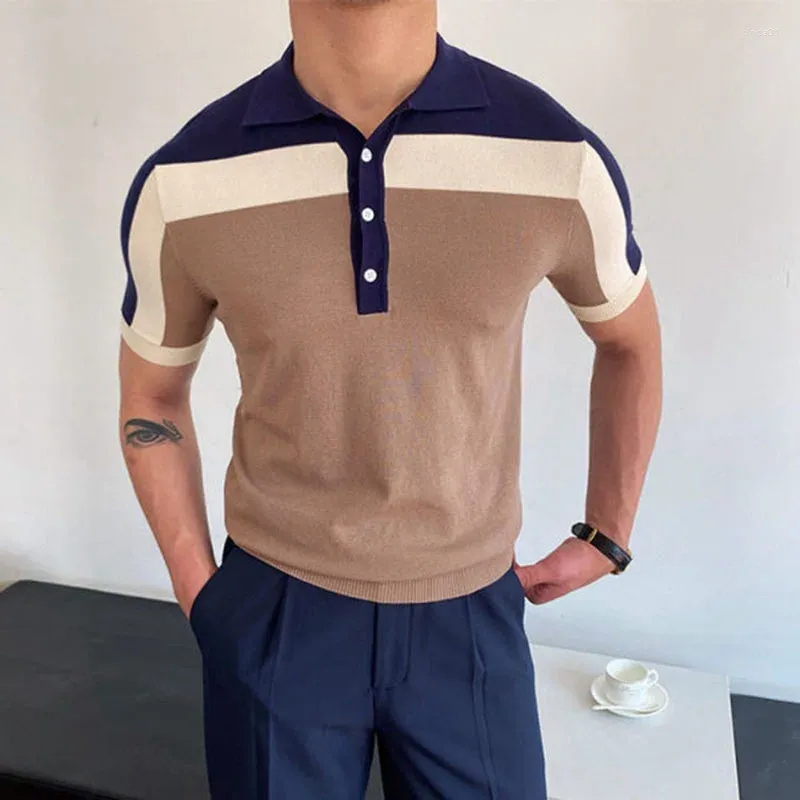 Men's Polos Men Shirts Stripe Patchwork Casual Knitting Slim Fit Fashion Vintage Mens Short Sleeve Pullover Top Clothing