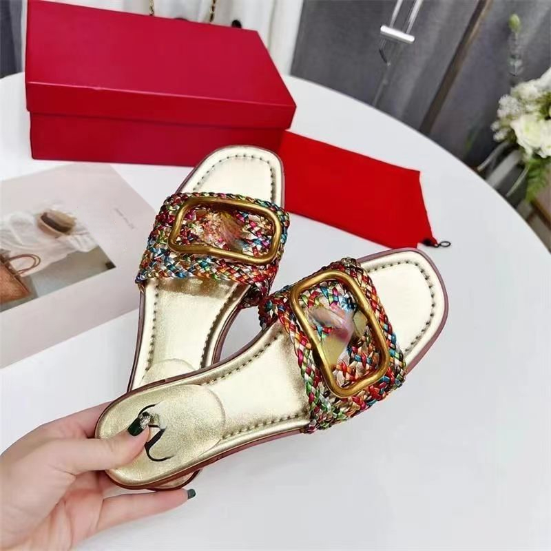 Brand Women's V-button Slippers Woven Flat Sandals Summer Versatile Leather Beach Shoes-image-971233227