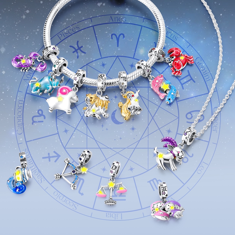 Original 925 Sterling Silver Charms Luminous Zodiac Signs Beads Pendants For Women Fit Original Bracelet Necklace DIY Gift