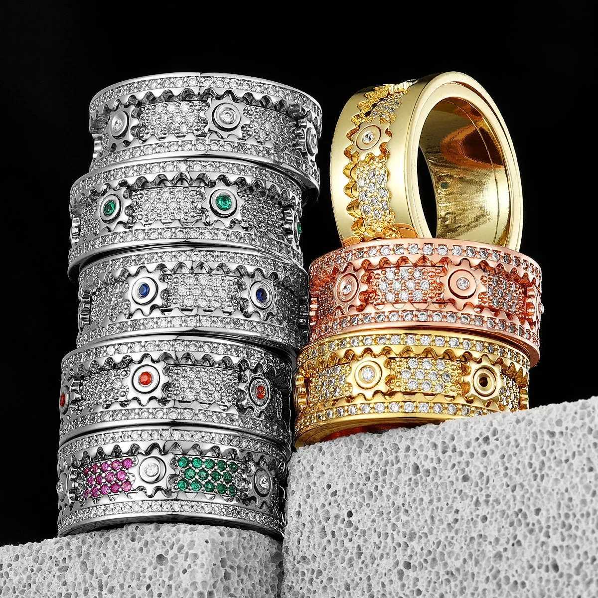 Anneaux de bande fidget rotatif Gemstone Gear Mens Mens Ring en acier inoxydable Bijoux Punk New Rock Hip Hop Fashion Accessoires Gift Wholesale