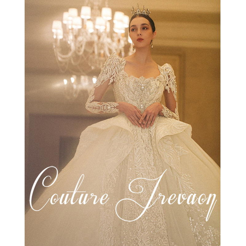 lace Long Sleeves Pearls Tulle Princess Bridal Ball Gowns Sweep Train Plus Size Country Vintage Wedding Dresses Illusion Tulle Boho Pearls Bohemi-image-965123928