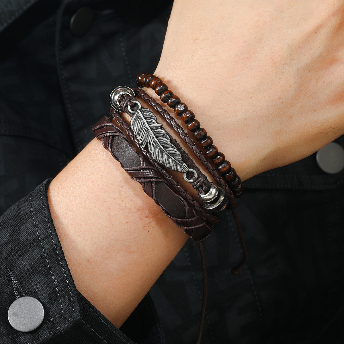 Set Braided Wrap Leather Bracelets for Men Vintage Life Tree Rudder Charm Wood Beads Ethnic Tribal Wristband Rope Bracelet