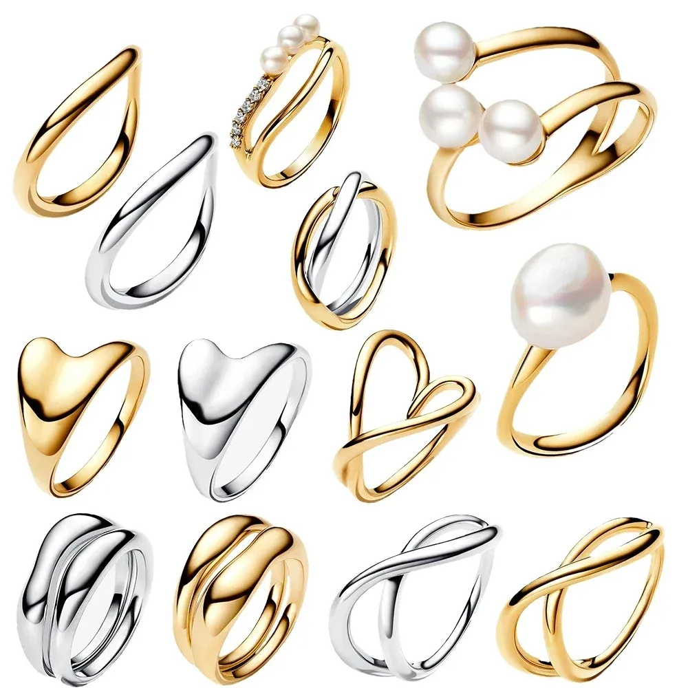 with box 925 silver Band Rings for Women Pearl Organically Shaped Double Band Entwined Ring Charms Designer Jewelry Gift