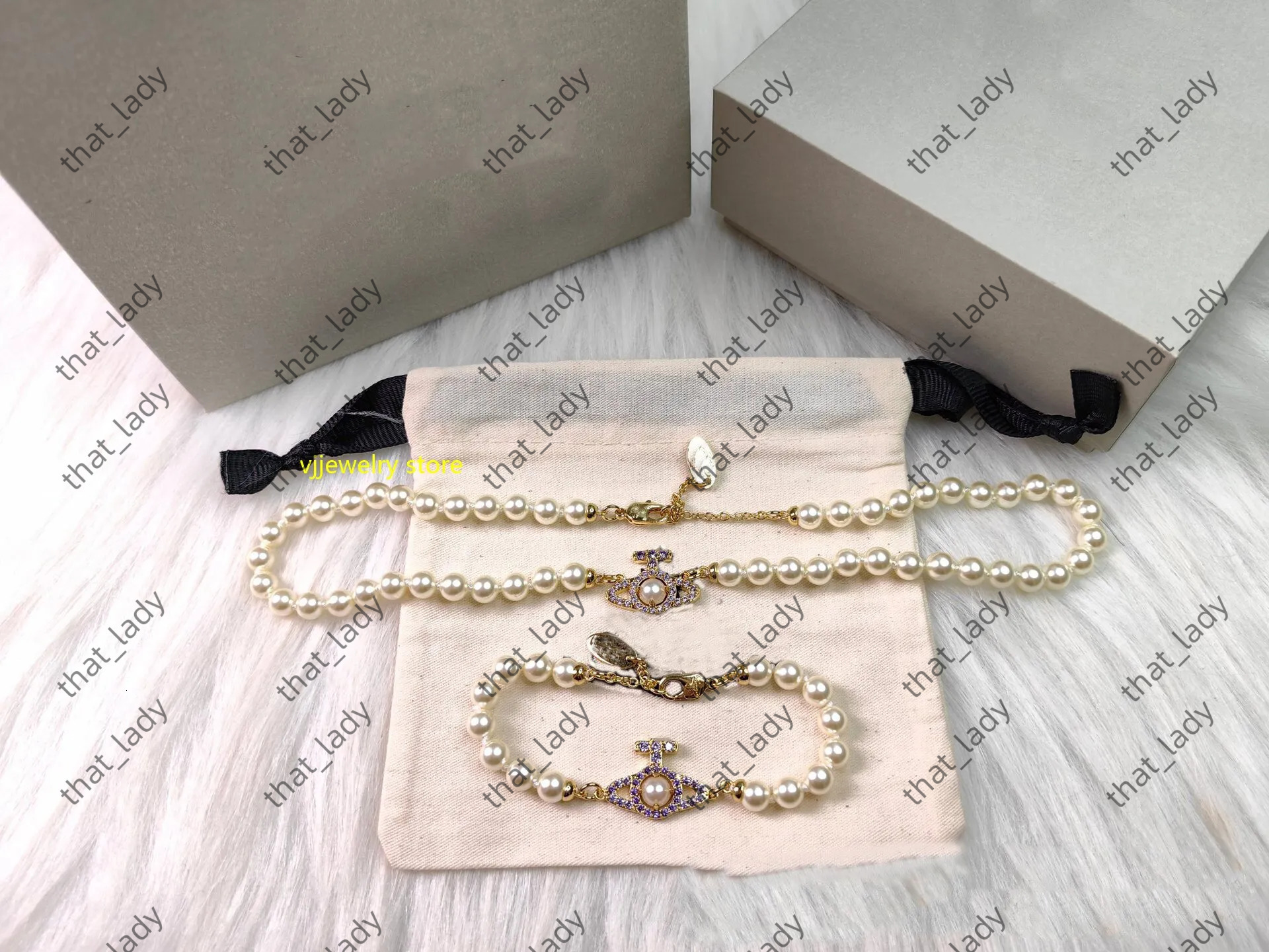 Designer Fashion Viviane Pearl Necklace Bracelet Luxury Purple Pink Blue Jewelry Sets Gold Silver Viviane Elegance Light Luxury Trendy Collar Cha