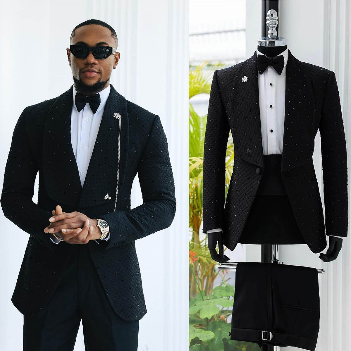 Smart Black Beads Groom Wedding Tuxedos 2 Pieces Slim Fit Shawl Lapel Mens Suits Banquet Formal Wear