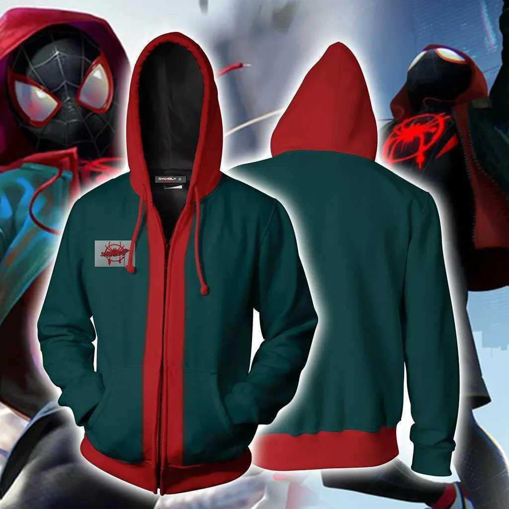 Men's Hoodies Sweatshirts Miles Morales Mens Role Playing 3D Printed Zipper Jacket Anime Hoodie Grn Hoodie Halloween Costume T241112