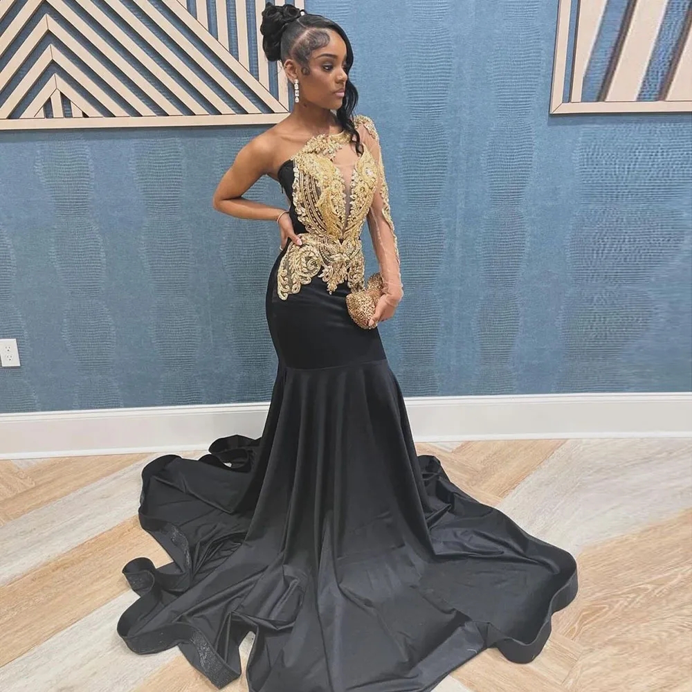 Sexy One épaule Robes de bal sirène pour fille noire 2024 Appliques en dentelle en or Plus taille Ocn Ocn Vestido Boda Invitada