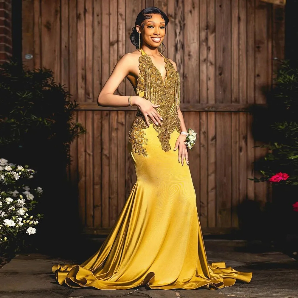 Veet Gold Sirène Robes de bal pour la fille noire 2024 Beades plus taille Forme Ocn Ocn Vestido Boda Invitada