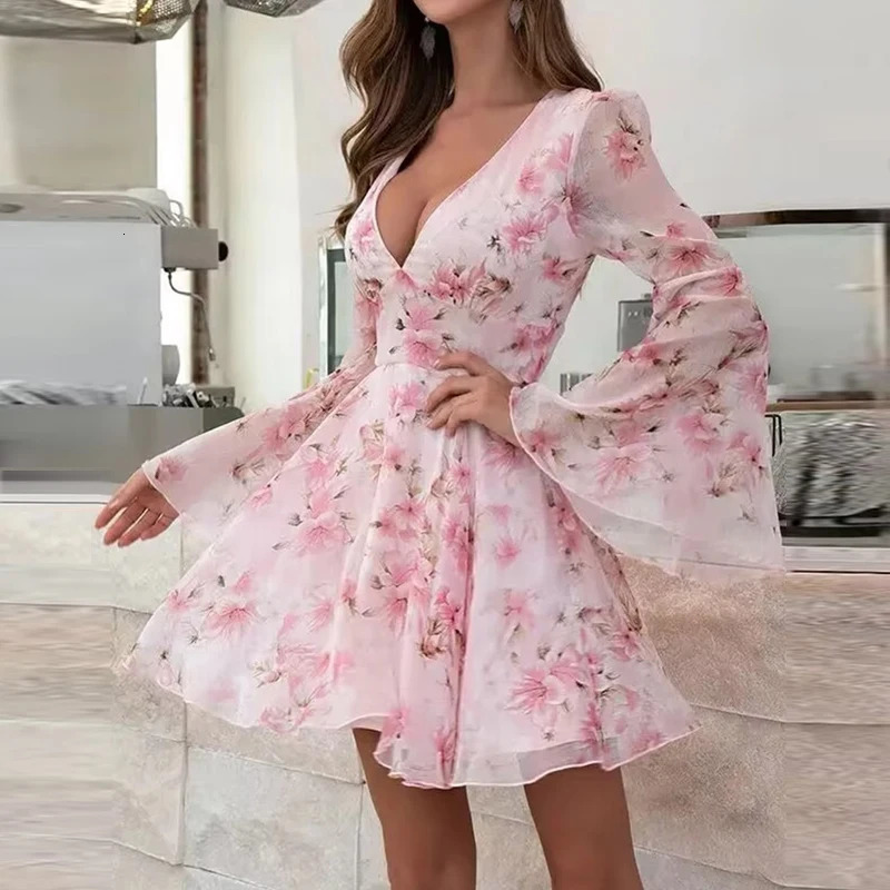 Women Elegant Floral Print Hem ALine Dress Spring Sexy Deep V Neck Hollow Party Summer Flare Sleeve Zipper Mini 240403